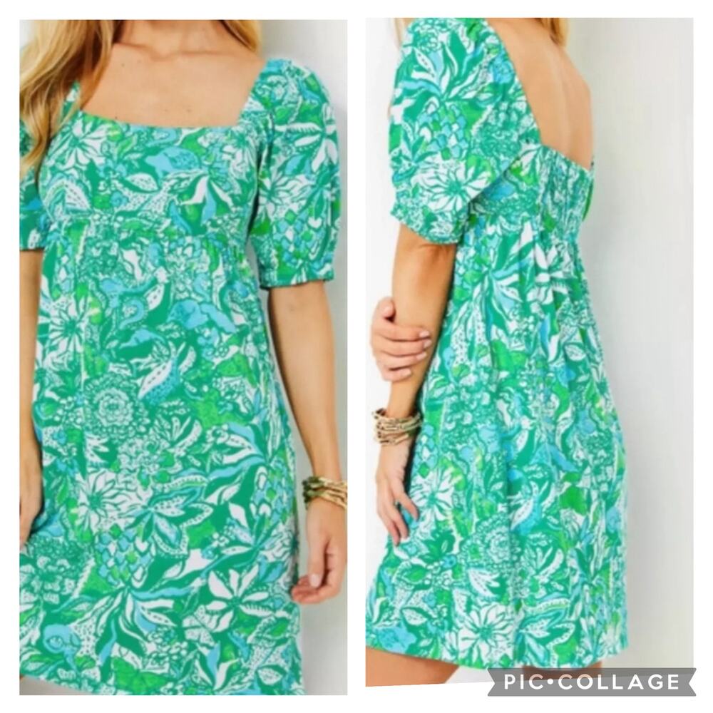 Lilly Pulitzer Delancey Dress Green Floral Retro Print Smocked Cotton 10 NWOT